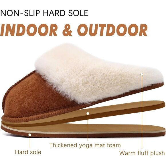 ⚡Women Chestnut Suede Fluff Dual Memory Foam Arch Support Warm Scuff Slipper - Picture 6 of 7